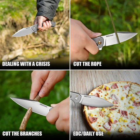 Nomad EDC Folding Pocket Knife With 3.54 Inch 14C28N Steel Blade Satin Finish showing various uses: cutting branches, rope, pizza