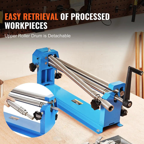 Heavy Duty Slip Roll Machine With 24 Inch Forming Width And 16 Gauge Capacity, showing detachable rollers on a workbench