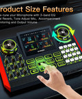 Pro Gaming Audio Mixer For Streaming And Podcasting With Built In Voice Changer USB Audio Interface DJ Style Mixer Condenser Mic Compatibility Live Sound Card TikTok And YouTube Content Creator Kit showing size features and control panel