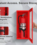 Red Steel Fire Extinguisher Cabinet With Quick Access Magnetic Door Wall Mount Kit Includes 3D Sign Tags Seals Turnkey Ready Fits 5 and 10 Pound Extinguishers 24.6 Inches High 10.6 Inches Wide 5.9 Inches Deep showing open view with extinguisher inside