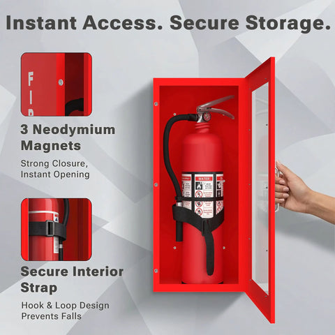 Red Steel Fire Extinguisher Cabinet With Quick Access Magnetic Door Wall Mount Kit Includes 3D Sign Tags Seals Turnkey Ready Fits 5 and 10 Pound Extinguishers 24.6 Inches High 10.6 Inches Wide 5.9 Inches Deep showing open view with extinguisher inside