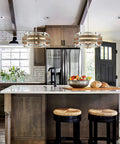 Kitchen with 5 Light Metal Drum Chandelier With Wood Grain Shade Round Pendant Ceiling Light For Kitchen Island And Dining Room Rustic Farmhouse Style Nickel Finish E26 Base 9 Inch High By 19.7 Inch Wide Includes 47 Inch Chain
