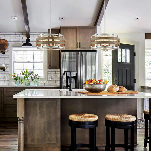 Kitchen with 5 Light Metal Drum Chandelier With Wood Grain Shade Round Pendant Ceiling Light For Kitchen Island And Dining Room Rustic Farmhouse Style Nickel Finish E26 Base 9 Inch High By 19.7 Inch Wide Includes 47 Inch Chain