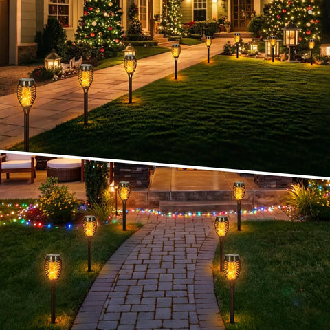Flickering Flame Solar Garden Lights LED Outdoor Torches Pack Of 8, Waterproof Pathway Yard Patio Decor For Landscape And Backyard, Warm White, Auto On At Dusk, Easy Install, Weatherproof Design illuminating a garden walkway at night.