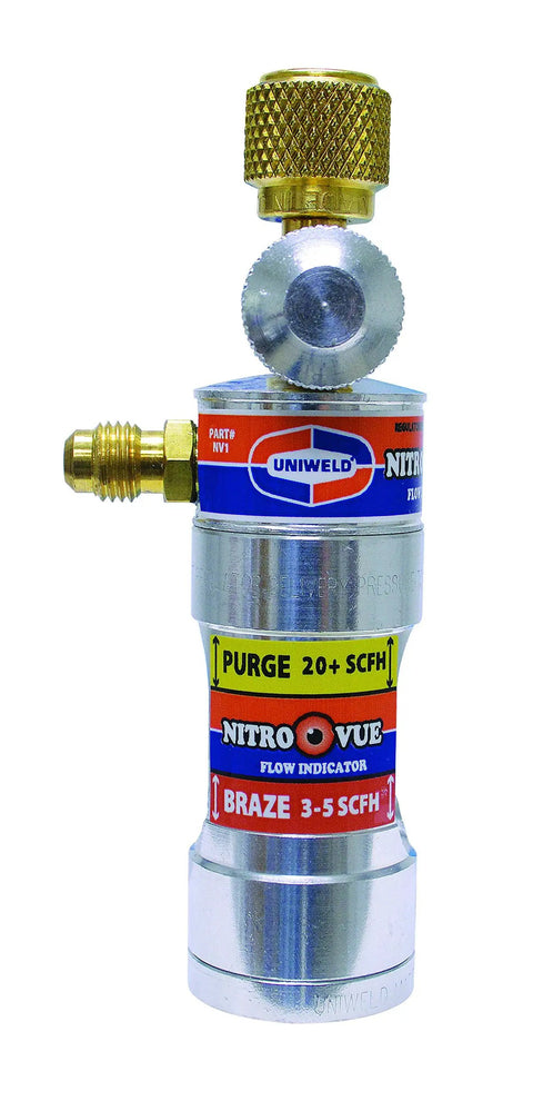 Nitrogen Flow Indicator With Adjustable Valve And Bright Orange Float Ball For Precise Low Flow Control Easy Read Label And Purge Copper Lines At Twenty Plus SCFH Then Dial In Three To Five SCFH For Brazing, brass nitrogen flow indicator for brazing copper lines