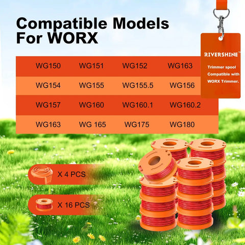20 Pack WA0010 Replacement Trimmer Line Spool For Worx Weed Eater 0.065 Inch Nylon String With 16 Spools And 4 Caps