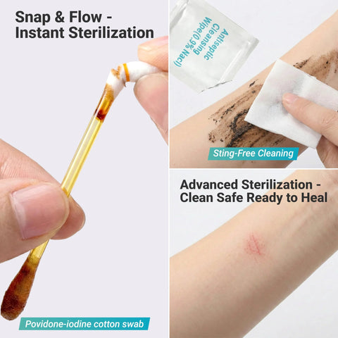 Close-up of first aid kit components: povidone-iodine cotton swab and antiseptic wipe for wound care