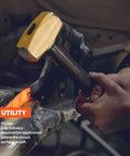 Person using 16 Inch Indestructible Brass Striking Hammer 4 Lb with Spring Steel Core Handle for demolition work on metal