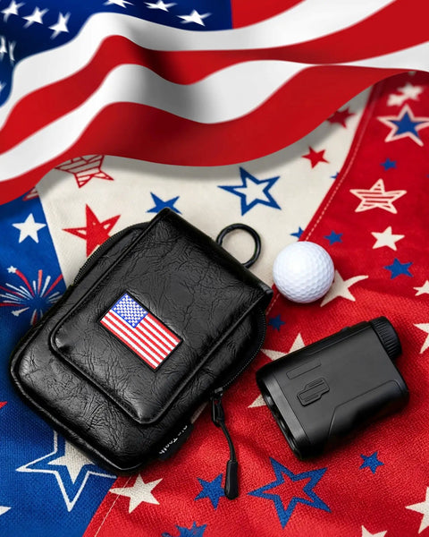 Patriotic US Flag Golf Rangefinder Hard Shell Case With Magnetic Closure Fits Most Rangefinders next to a golf ball on starry flag.