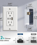 Haul This Smooth Usb Wall Outlet With Two Type C And One Type A Ports For Reliable Six Amp Fast Charging To Keep Every Gadget Pumped Full Of Juice No Fuss Ever Just Install And Go In Classic White, dimensions displayed.