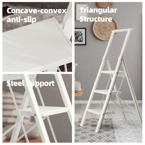 Aluminum 3 Step Foldable Ladder With U Shaped Handgrip Lightweight Home Utility Stool For Kitchen Garage Garden Indoor Outdoor Use Reach High Shelves And Cabinets, white