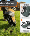 Pre Assembled Lawn Aerator Shoes With Heavy Duty Spikes For Easy Yard Aeration No Hassle Ready To Use Straight Out Of The Box Fits Men Size 6 To 14 For All Grass Types, shown worn on grass with comparison to non-preassembled shoes.