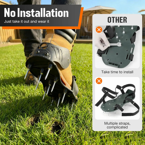 Pre Assembled Lawn Aerator Shoes With Heavy Duty Spikes For Easy Yard Aeration No Hassle Ready To Use Straight Out Of The Box Fits Men Size 6 To 14 For All Grass Types, shown worn on grass with comparison to non-preassembled shoes.