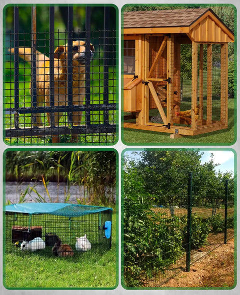 Collage of Hardware Cloth 1/2 Inch Square Mesh 19 Gauge Black Vinyl Coated Wire Roll used in different fencing applications.