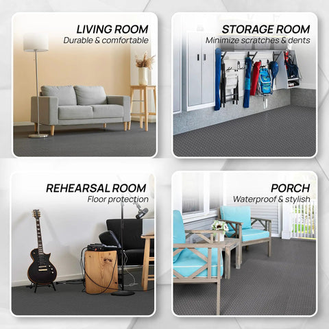 EVA Interlocking Floor Mats With Puzzle Tiles 12x12 Inch Foam Padding Border installed in living room, storage, and porch areas for protection and comfort.