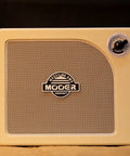 15W Practice Guitar Amp With 9 Digital Amp Models, 6.5 Inch Speaker, Bluetooth, close-up of the front speaker grille and brand logo