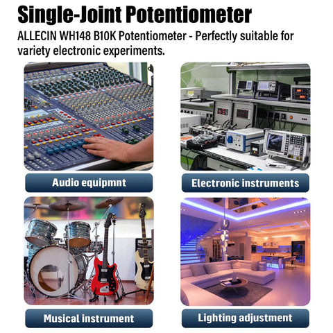 Image showing 10K Linear Taper Rotary Potentiometer used in audio equipment, electronic instruments, musical instruments, and lighting adjustment.