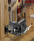 Heavy Duty Wall Mount Vise and Grinder for Garage or Workshop Carbon Steel Bench Mount with Rock Solid Clamp Space Saving Vise Grinder Combo Durable Black Finish for Metalworking Projects mounted in wood workshop