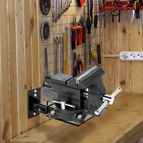 Heavy Duty Wall Mount Vise and Grinder for Garage or Workshop Carbon Steel Bench Mount with Rock Solid Clamp Space Saving Vise Grinder Combo Durable Black Finish for Metalworking Projects mounted in wood workshop