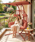 Double Egg Chair With Stand And Adjustable Canopy For Indoor Outdoor Use Cozy 2 Person Wicker Hanging Swing Chairs With Removable Cushions on balcony