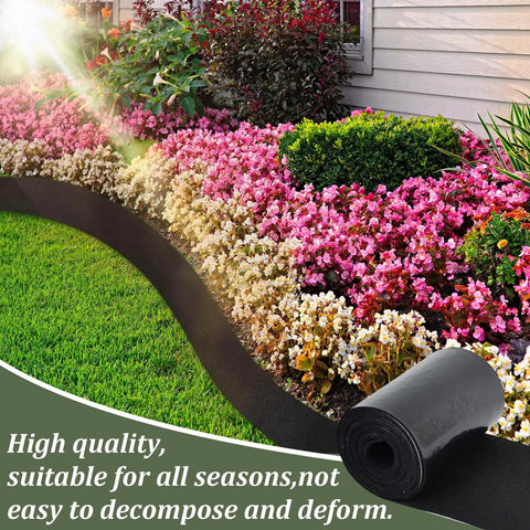 Installed garden edging using 2 Pack Felt Mulch Roll For Landscaping 120 Inch By 5.9 Inch Cuttable Garden Edging Border With 20 U Shaped Stakes Weed Barrier Mat Keeps Weeds At Bay And Durable PE Backing For Flower Beds Lawns And Pathways, shown with vibrant flower bed.