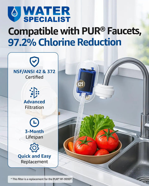 Replacement Faucet Filter For Plus RF9999 attached to kitchen sink improving taste and odor of water for drinking coffee tea