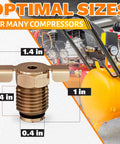 1/4 NPT Brass Air Compressor Drain Valve with hand turn handle, dimensions highlighted, in front of an air tank