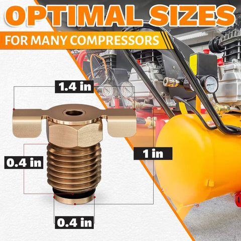 1/4 NPT Brass Air Compressor Drain Valve with hand turn handle, dimensions highlighted, in front of an air tank