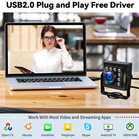 1080P USB Camera With 60FPS High Speed Capture, 170 Degree Fisheye Wide Angle, IR Night Vision And Auto IR Cut next to laptop on desk