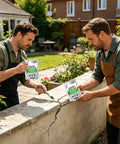 Two men applying Crack Filler Quick Drying Patch and Repair Sealant on cracked outdoor wall in garden setting.