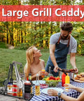 People enjoying barbecue with Outdoor Grill Utensil Caddy with three hooks, organizing plates, cutlery, spices, and napkins