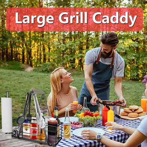 People enjoying barbecue with Outdoor Grill Utensil Caddy with three hooks, organizing plates, cutlery, spices, and napkins