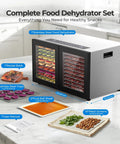 Built Different Dual Zone Food Dehydrator With 20 Spacious Trays And 1300 Watts, stainless steel design, complete set on kitchen counter.
