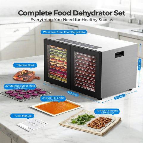 Built Different Dual Zone Food Dehydrator With 20 Spacious Trays And 1300 Watts, stainless steel design, complete set on kitchen counter.