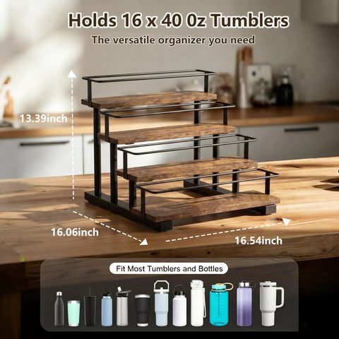 4 Tier Water Bottle Organizer Rack For 40oz Tumblers And Bottles, Carbon Steel Frame With Wooden Shelves, kitchen setting