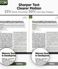 Comparison of text clarity on 22-inch monitor between 120Hz and 75Hz refresh rates, showcasing sharper text with less eye fatigue.