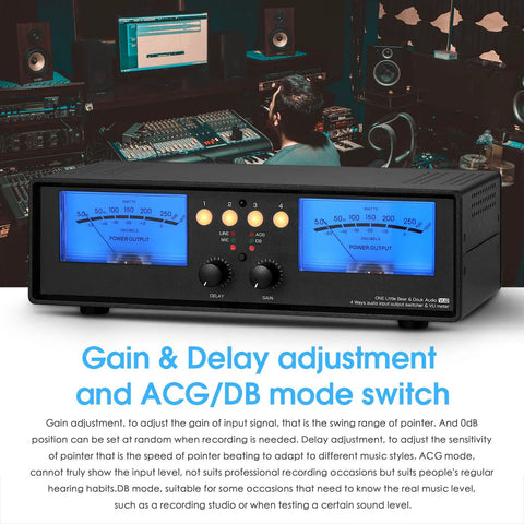 Dual VU Meter Microphone And Line Level Analog Sound Level Indicator, 4 Way Audio Switcher Box For Speaker Amplifier Preamp, Blue Version For Home Studio Setup, black metal 280x122x80mm