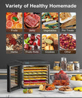 Heavy Duty Food Dehydrator Machine With Seven Stainless Trays And Simple Temp Timer Tweaks displaying dried fruits, jerky, and healthy snacks.