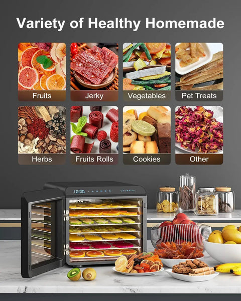 Heavy Duty Food Dehydrator Machine With Seven Stainless Trays And Simple Temp Timer Tweaks displaying dried fruits, jerky, and healthy snacks.
