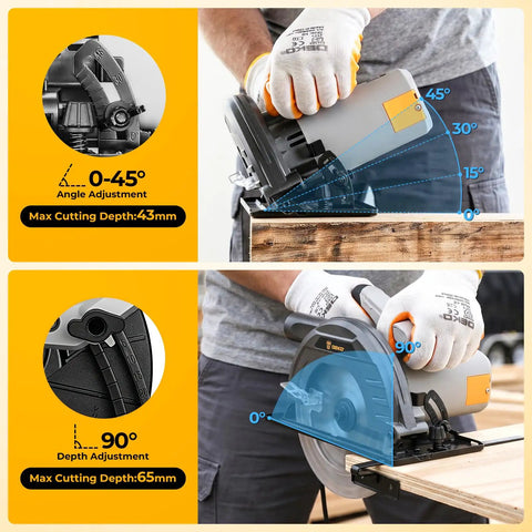 Pro Grade 7 1/4 Inch Circular Saw With A Powerhouse Motor That Slices Through Hardwood in angle adjustment display