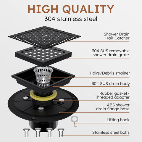 Diagram of No Drama Matte Black 4 Inch Square Shower Drain Kit With Removable Grate showing stainless steel components and construction.