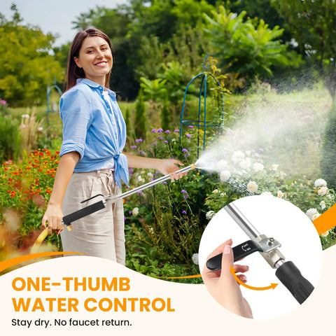 Person using jet nozzle for garden hose and power washer wand with dual nozzles and quick connectors in a garden