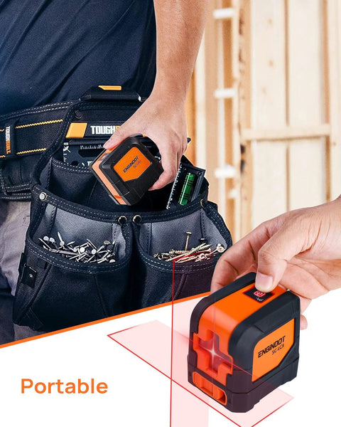 Self Leveling Laser Level 50ft with 360 Degree Magnetic Mounting Plate for Precise Tiling, held in hand, orange and black