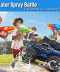 Kids playing with Amphibious 4WD RC Monster Truck With Waterproof Boat And Water Gun, enjoying water battle in a park.