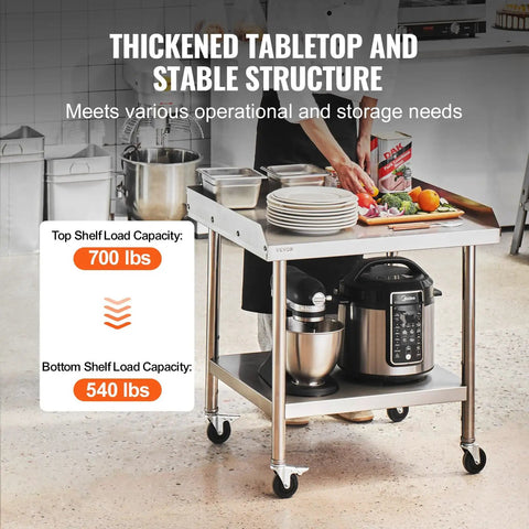 Stainless Steel Work Table 24 x 28 x 30 Inch With Four Casters And Three Sided Backsplash, heavy duty prep station in kitchen