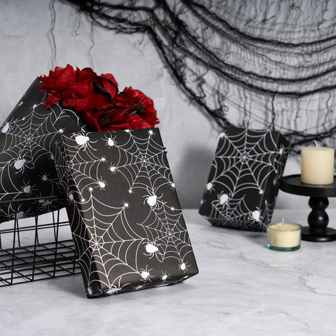Spooky Spider Web Floral Wrapping Paper 18x18 Inches Black White Bouquet Wrap for Halloween Gifts Birthday Florist Supplies