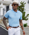 Man wearing Mens Knit Polo Shirt Short Sleeve Golf Polo With Classic Fit Lightweight Textured Knit Ribbed Hem in light blue