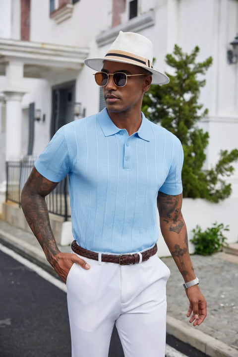 Man wearing Mens Knit Polo Shirt Short Sleeve Golf Polo With Classic Fit Lightweight Textured Knit Ribbed Hem in light blue