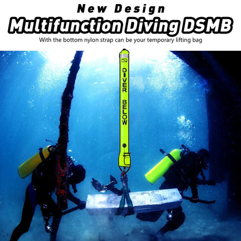 Two divers underwater with DSMB And Reel Set 5ft High Visibility Surface Marker Buoy With 100ft Dive Reel in fluorescent yellow.