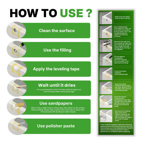 Instructions for using Bathtub And Surface Repair Kit For Chips And Cracks On Bathtubs Tile Ceramic Porcelain And Fiberglass DIY Fix With 8g Repair Material